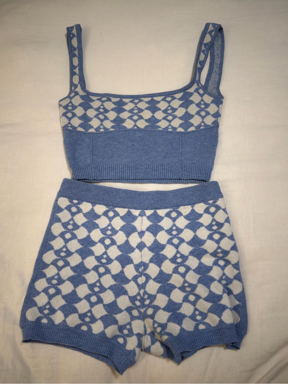 Princess Polly Blue & Cream Knit Tank and Shorts Set